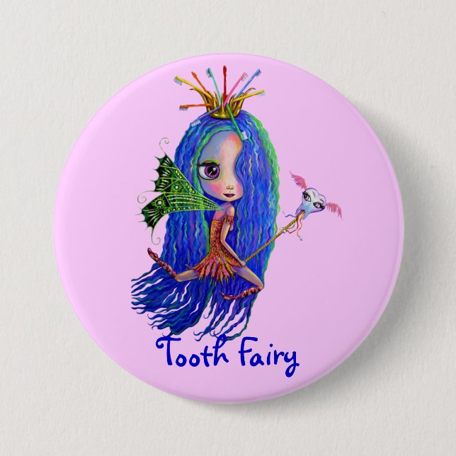 Tooth Fairy with Toothbrush Crown Pinback Button (Front)