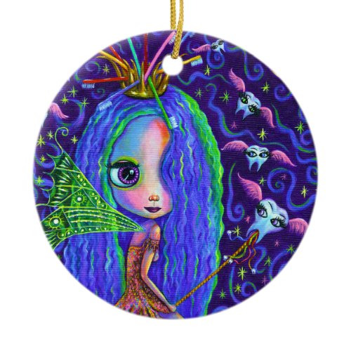 Tooth Fairy with Toothbrush Crown &amp; Winged Teeth Ceramic Ornament