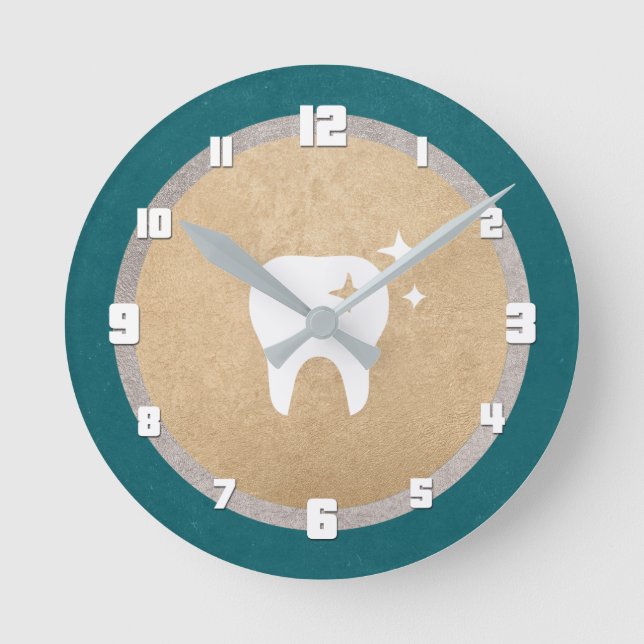 Tooth | Gold & Silver Cyan Dental Round Clock (Front)