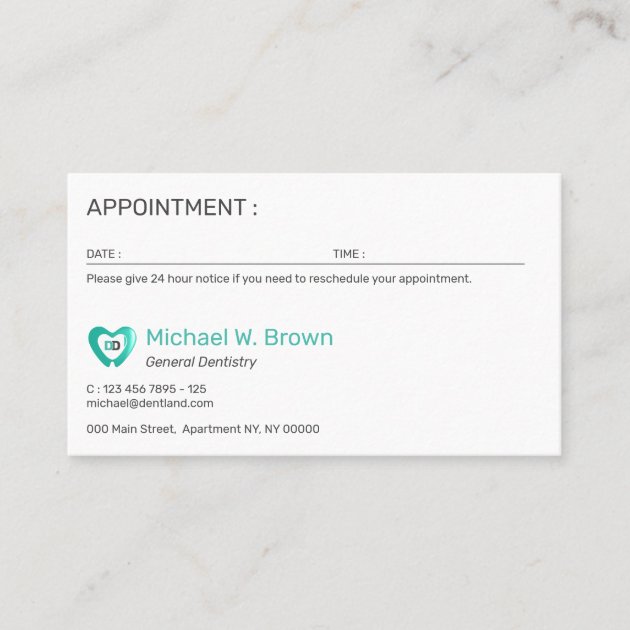 Tooth Heart Dentist Dental Appointment Card