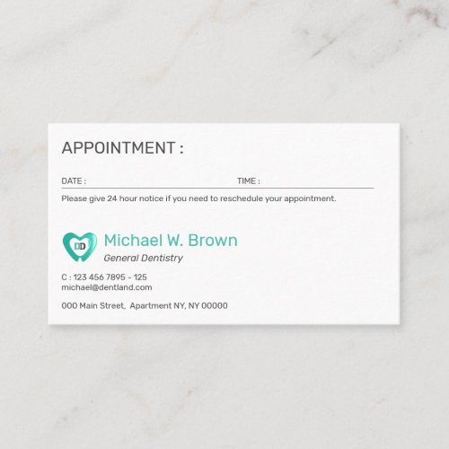 Tooth Heart Dentist Dental Appointment Card