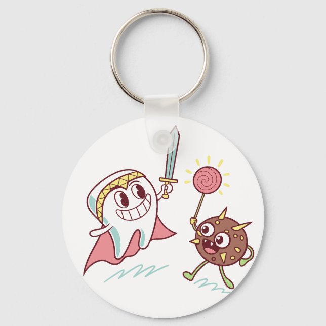 Tooth Hero vs Bacteria Monster Fun Dental Cartoon  Keychain (Front)
