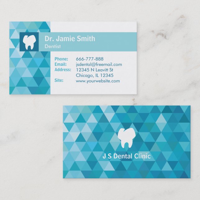 Tooth Logo Blue Polygon Dentist Business Cards (Front/Back)