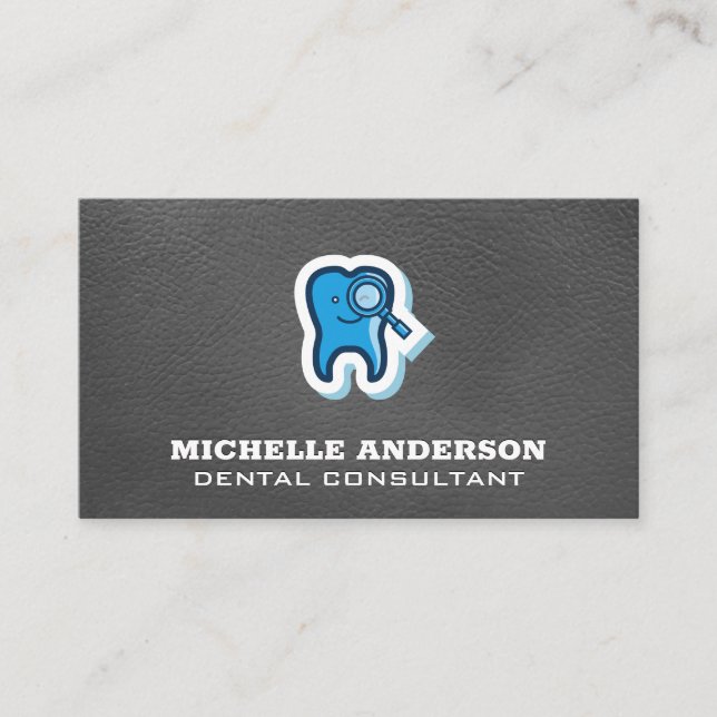 Tooth Magnifying Glass Icon | Leather Texture Business Card (Front)