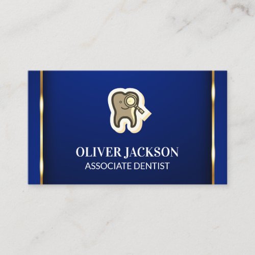 Tooth Magnifying Icon  Gold Trim Blue Background Business Card