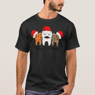 Tooth Mustache Leopard Giraffe Print Merry Christm T-Shirt