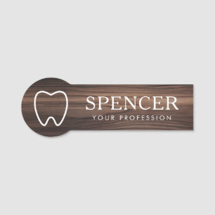 Tooth outline dark wood look dentist dental clinic name tag
