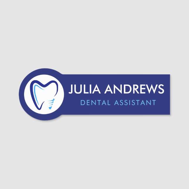 Tooth outline white blue dentist dental clinic name tag (Front)