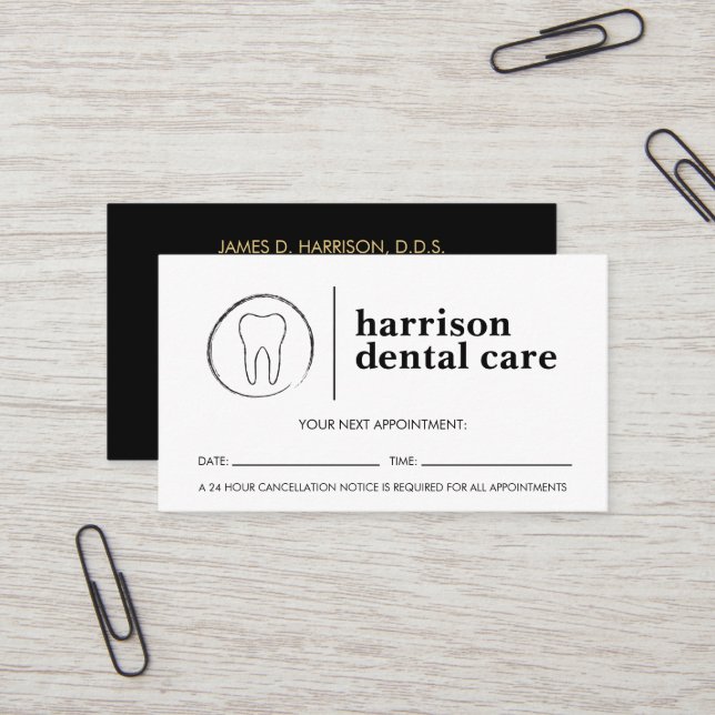 Tooth Sketch Logo Black/White Dentist Appointment Business Card (Front/Back In Situ)