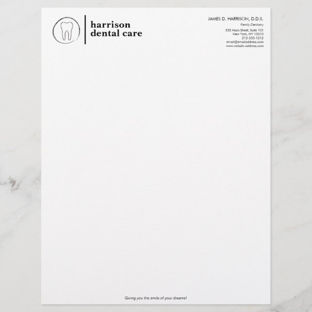 Tooth Sketch Logo Black/White Dentist Letterhead (Front)