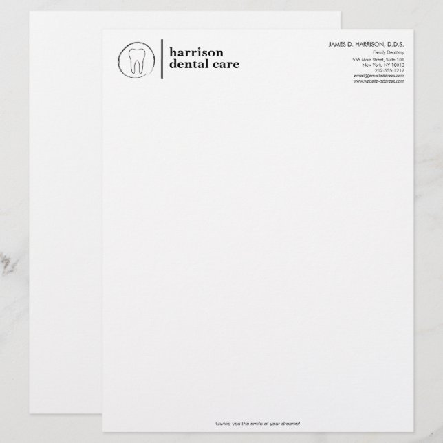 Tooth Sketch Logo Black/White Dentist Letterhead (Front/Back)