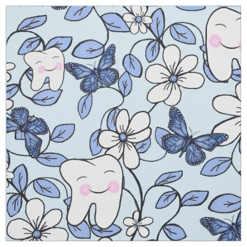 Tooth Toile  Dental Floral in Blues Fabric