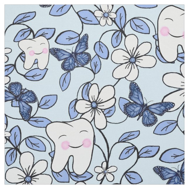 Tooth Toile / Dental Floral in Blues Fabric (Swatch)