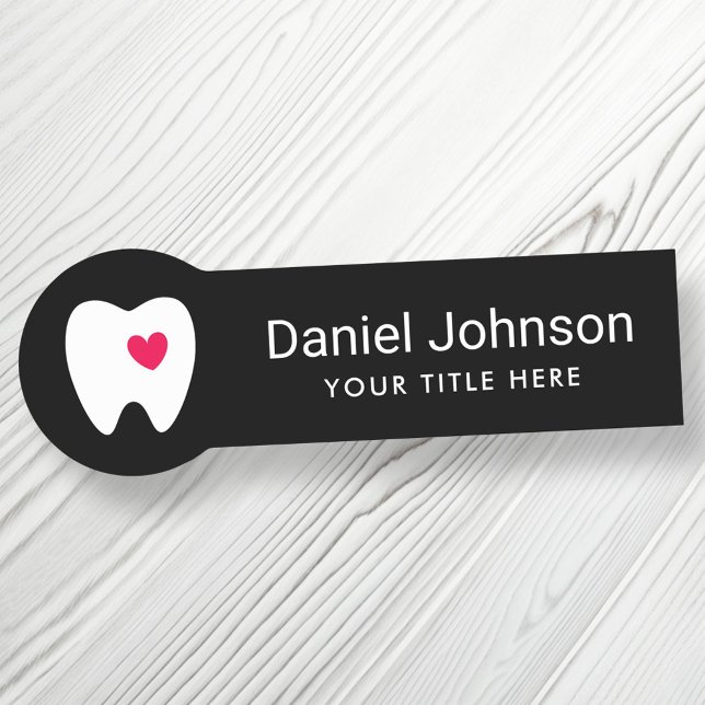 Tooth with red heart black dentist dental name tag (Creator Uploaded)