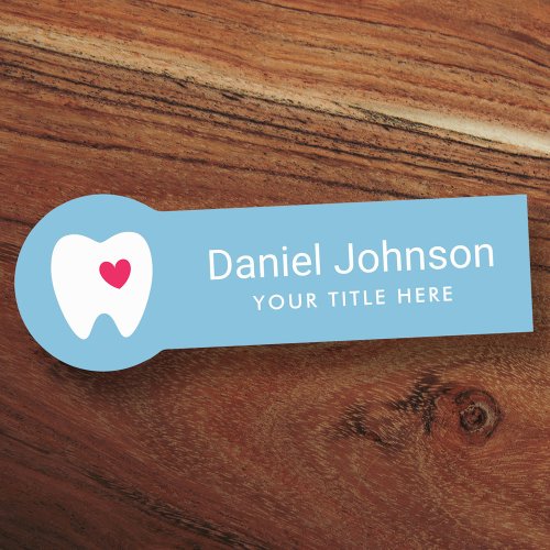 Tooth with red heart dentist dental name tag