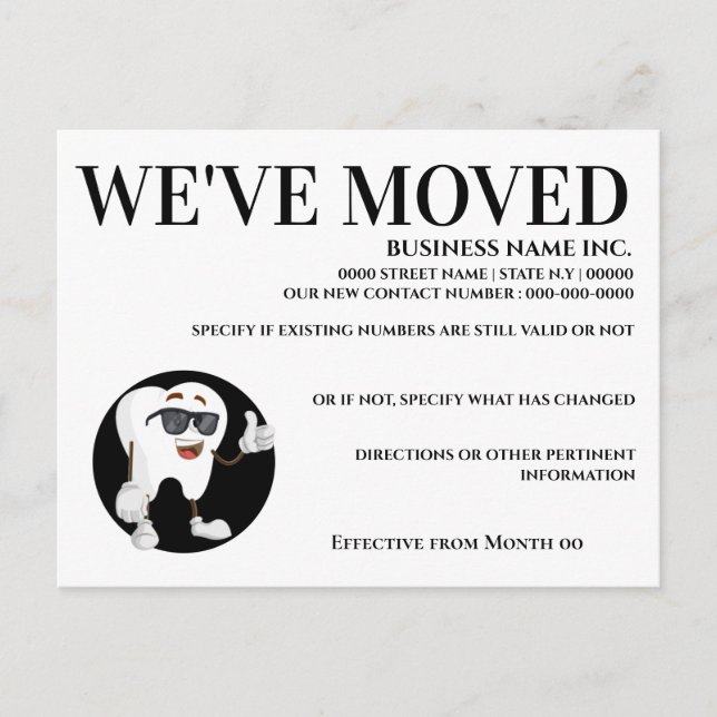 Tooth with sunglasses thumbs up we've moved announcement postcard (Front)