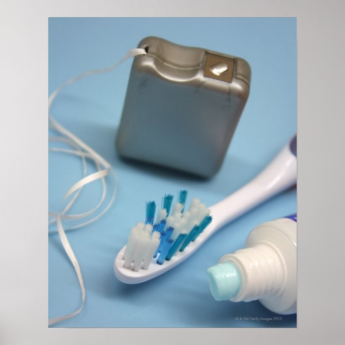 Toothbrush, toothpaste and floss. print