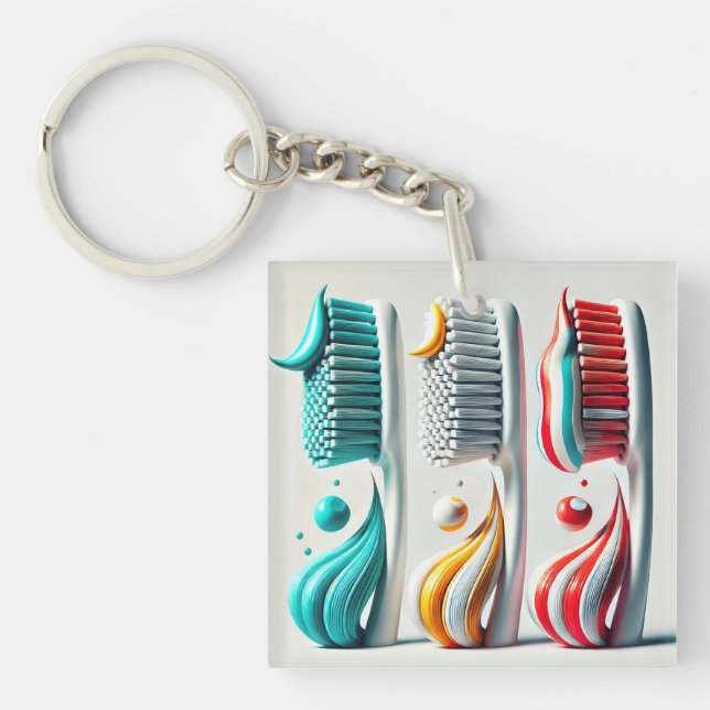 Toothbrush Trio. Minimalist Art for Dental Clinic Keychain (Front)