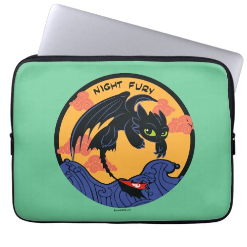 Toothless Night Fury Flying Over Ocean Waves Laptop Sleeve