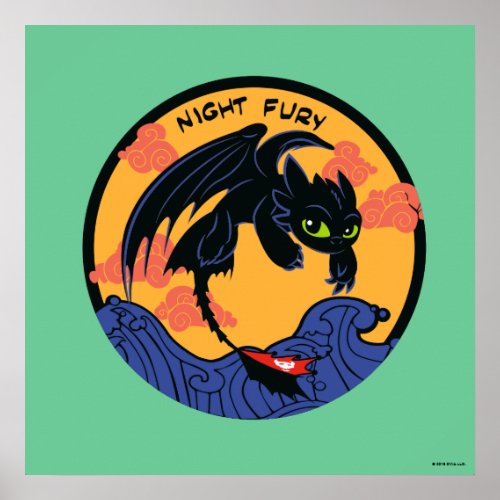 Toothless Night Fury Flying Over Ocean Waves Poster
