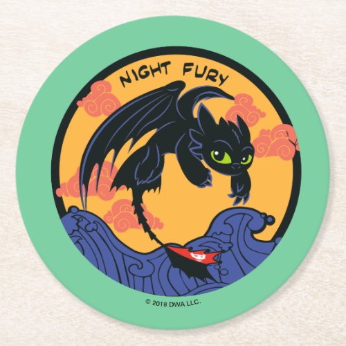 Toothless Night Fury Flying Over Ocean Waves Round Paper Coaster