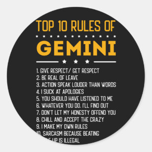Top 10 Rules Of Gemini May 21 June 21 Zodiac Classic Round Sticker