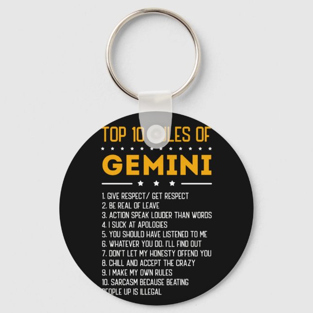 Top 10 Rules Of Gemini May 21 June 21 Zodiac Keychain (Front)