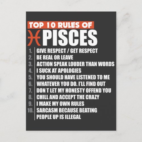 Top 10 Rules of Pisces zodiac gift horoscope Postcard