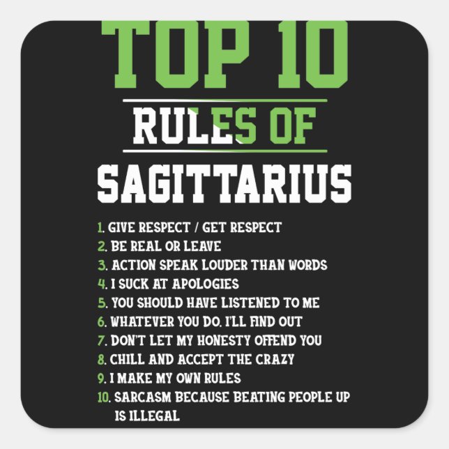 Top 10 Rules Of Sagittarius Birthday Horoscope Square Sticker (Front)