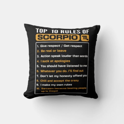 Top 10 rules of Scorpio Funny Scorpio Facts Zodi Throw Pillow