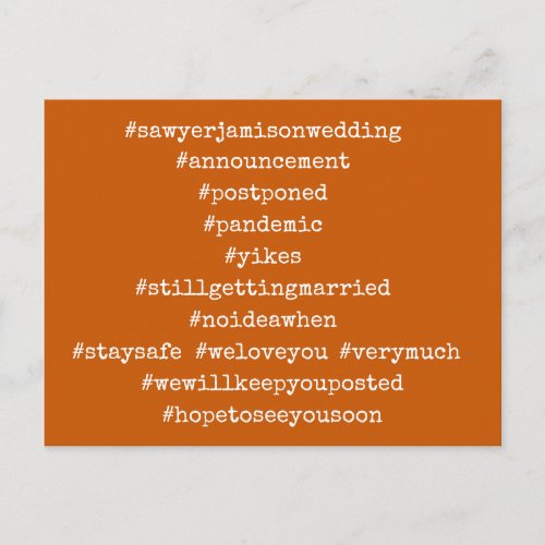 Top 12 Hashtags Postponed Wedding Burnt Orange Postcard
