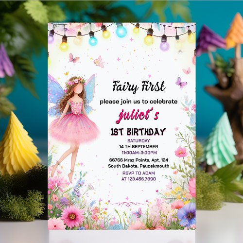 top cute Floral Pink girl fairy first 1st birthday Invitation