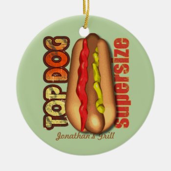 Top Dog Hotdog Personalized Ceramic Ornament by Specialeetees at Zazzle
