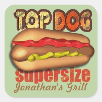 Top Dog Hotdog Personalized Square Sticker by Specialeetees at Zazzle