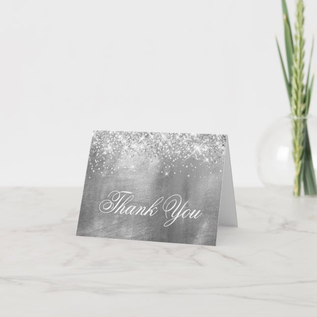Top Edge Sparkly Silver Glitter and Foil Thank You Card (Front)