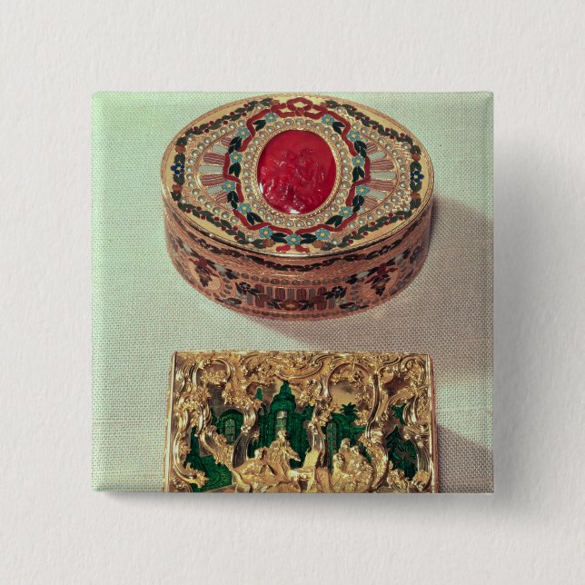 Top: Gold snuffbox inlaid with various stones Pinback Button (Front)