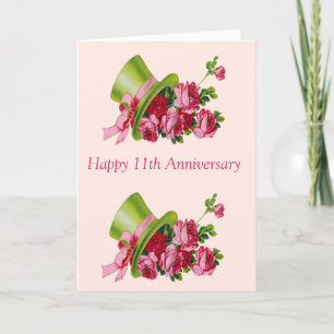 Top hat and flowers, Happy 11th Anniversary Card