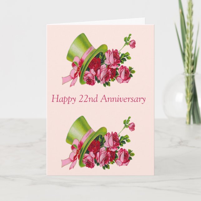 Top hat and flowers, Happy 22nd Anniversary Card (Front)