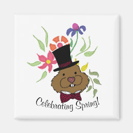 Top Hat Bow Tie Spring Flowers Groundhog Magnet