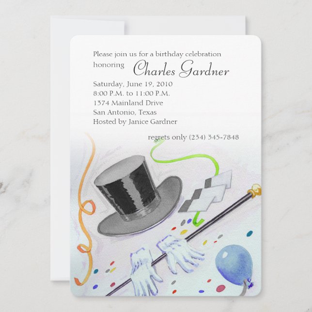 Top Hat Cane and Gloves Birthday Invitation (Front)