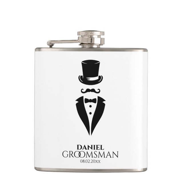 Top-hat Mustache Tux Personalize Groomsmen Flask (Front)