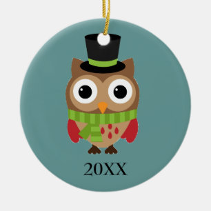 Top Hat Owl with Green Scarf Ornament