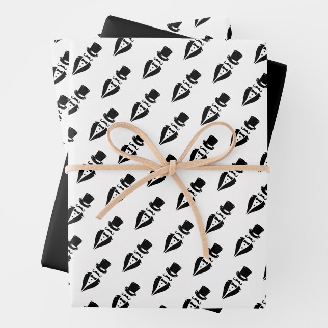 Top Hat Tuxedo Mustache Wedding Wrapping Paper Sheets (In situ)