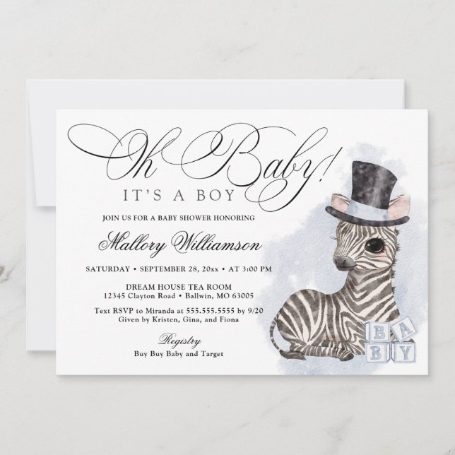 Top Hat Zebra Boy Baby Shower Invitation (Front)