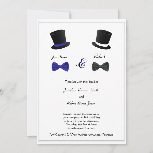 Top Hats and Bow Ties Blue Gay Wedding Invitation