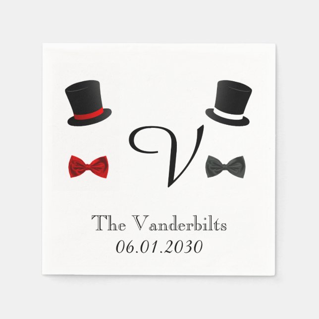 Top Hats and Bow Ties Gay Monogram Wedding Paper Napkins (Front)