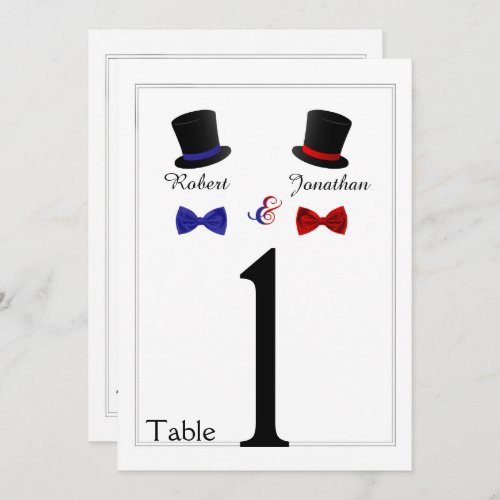 Top Hats and Bow Ties Gay Red Blue Table Number