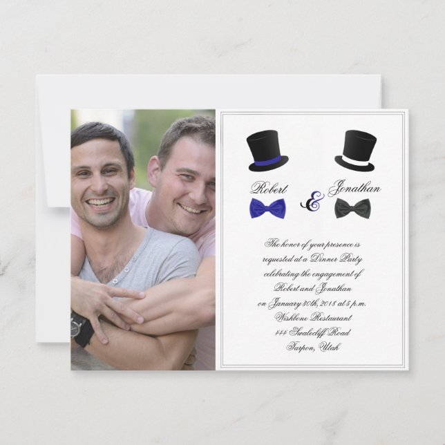 Top Hats and Bow Ties Gay Wedding Engagement Invitation (Front)