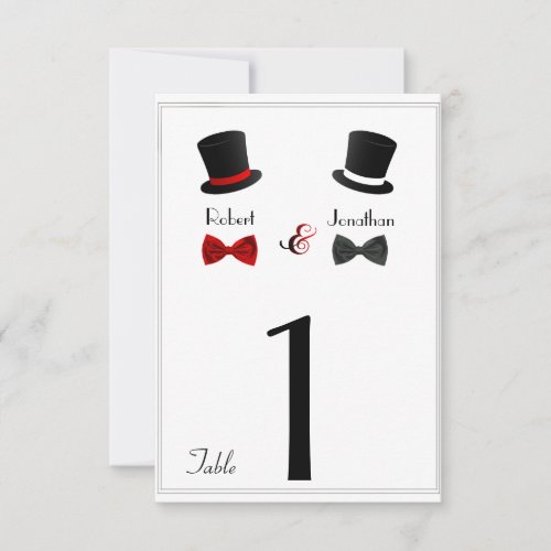 Top Hats and Bow Ties Gay Wedding Table Number