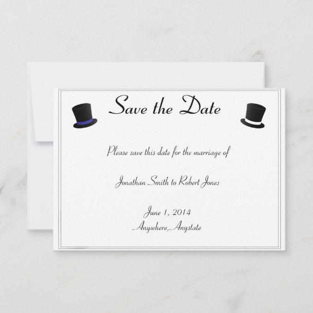 Top Hats Bow Ties Blue Gay Wedding Save the Date (Front)